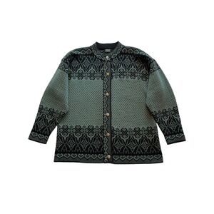 Vrikke Green Black Norwegian Fair Isle Alpine 100% Wool Cardigan Sweater Size XL